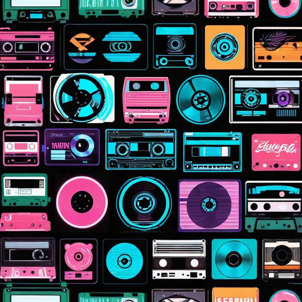 A visually captivating timeline showcasing the evolution of adult entertainment, featuring a vintage film reel transitioning into a modern streaming device, along with iconic symbols representing each era, like a disco ball, a VHS tape, and a smartphone. The background is a collage of different adult film posters, blending the retro with the contemporary. Atmosphere infused with a subtle neon glow, reflecting excitement and allure. super-realistic. vibrant colors. dynamic layout.