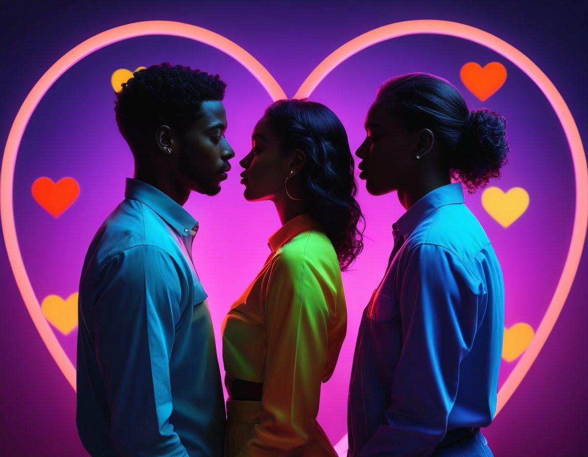 An abstract representation of digital intimacy, featuring intertwined silhouettes of diverse couples illuminated by neon colors, symbolizing online connection and exploration. Include elements like computer screens and heart emojis floating in the background to emphasize the digital aspect. The scene should evoke feelings of intrigue and curiosity surrounding modern sensuality. vibrant colors. super-realistic. digital art.